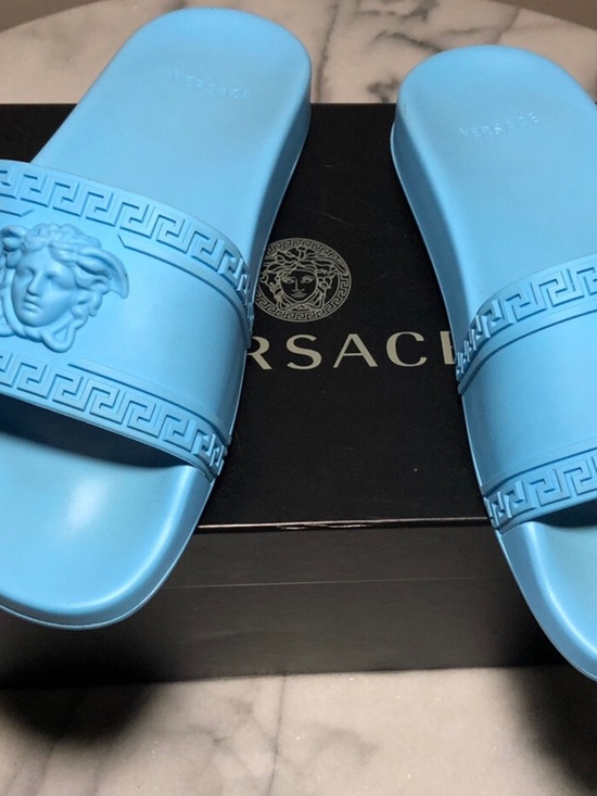 NIB VERSACE Men\'s Blue Palazzo Medusa Pool Slides Sandals Size 42 main image 4